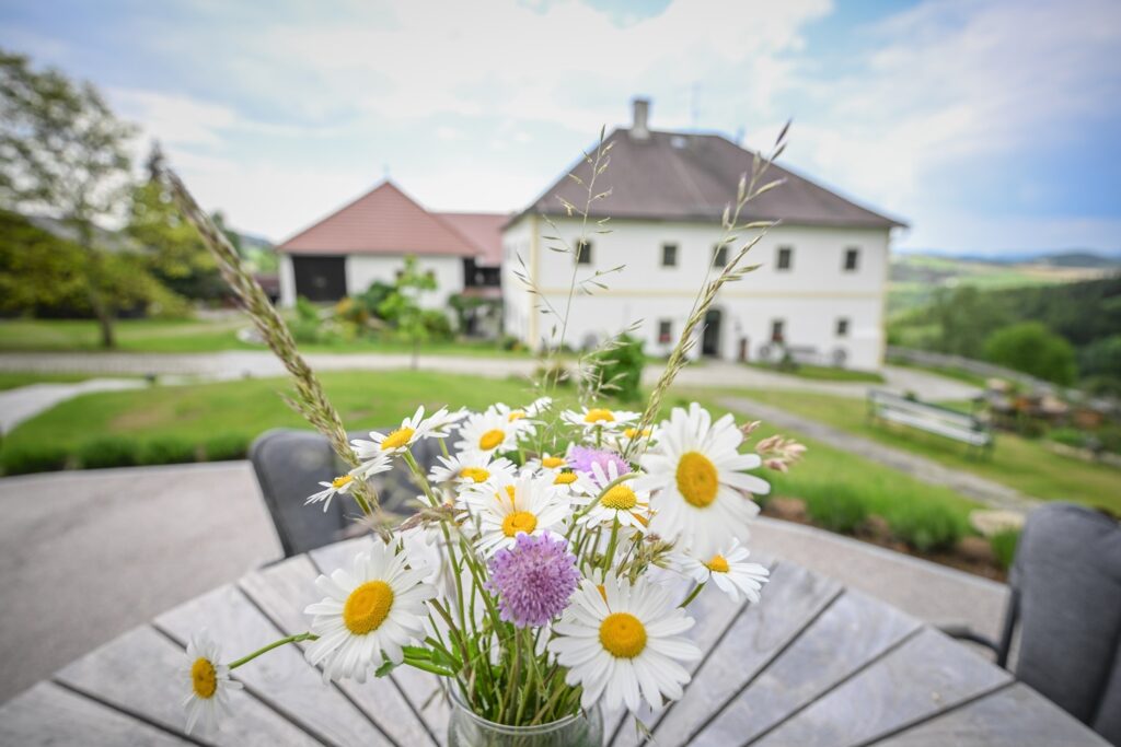 Blumen auf einem Tisch im Freien
