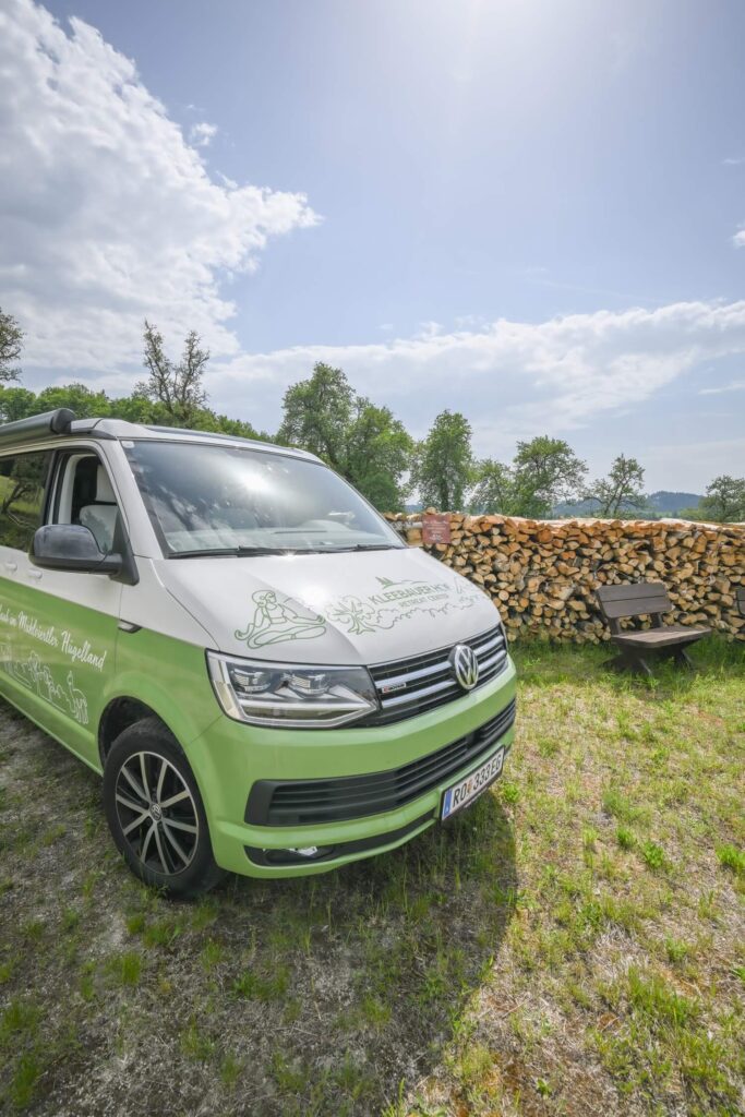VW-Bus vor Holzstapel im Freien