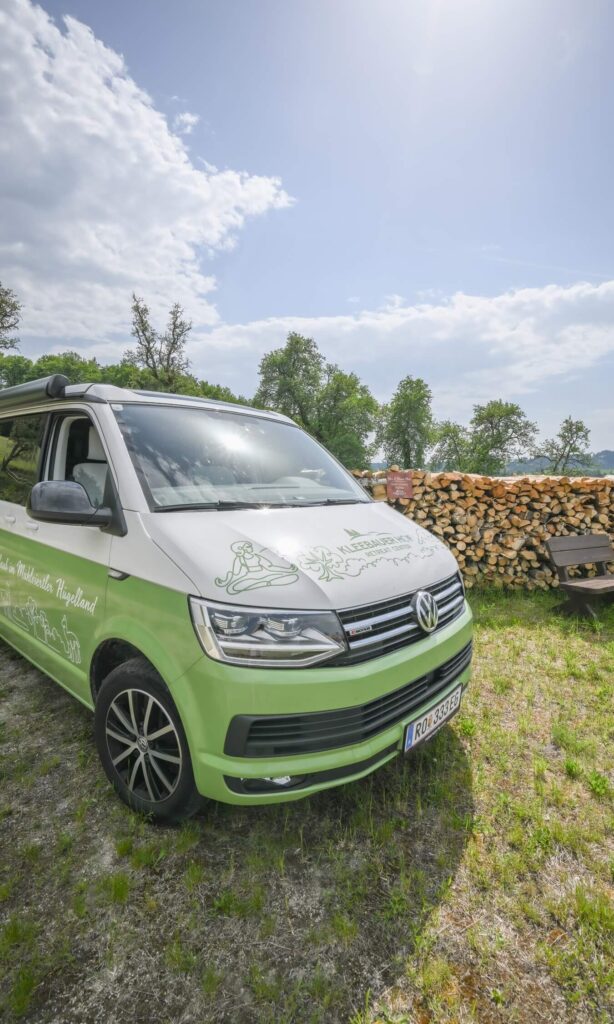 VW-Bus vor Holzstapel im Freien