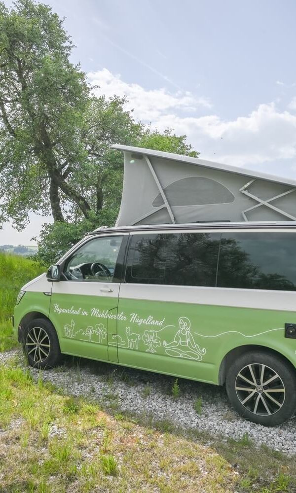 Campingbus in der Natur geparkt